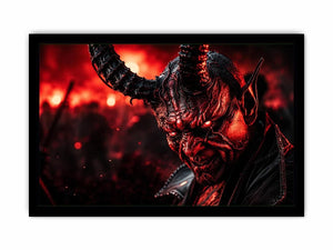 Dark crimson oni mask wall art for gaming room, office, and dramatic modern interior decor.