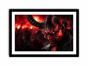 Dark crimson oni mask wall art for gaming room, office, and dramatic modern interior decor.