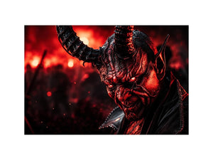 Dark crimson oni mask wall art for gaming room, office, and dramatic modern interior decor.