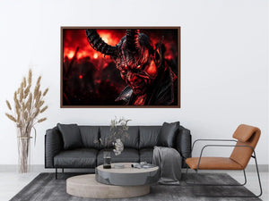 Dark crimson oni mask wall art for gaming room, office, and dramatic modern interior decor.