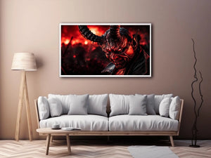 Dark crimson oni mask wall art for gaming room, office, and dramatic modern interior decor.