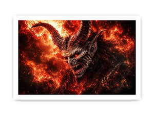 Dark fantasy demon wall art with fiery crimson atmosphere for gaming room and dramatic modern interiors.
