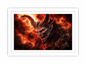 Dark fantasy demon wall art with fiery crimson atmosphere for gaming room and dramatic modern interiors.