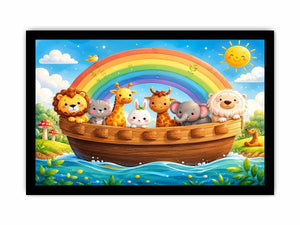 Cute rainbow animal ark nursery wall art for kids bedroom, playroom, and pastel nursery decor.