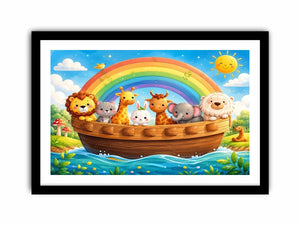 Cute rainbow animal ark nursery wall art for kids bedroom, playroom, and pastel nursery decor.