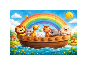 Cute rainbow animal ark nursery wall art for kids bedroom, playroom, and pastel nursery decor.