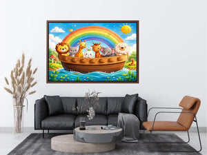 Cute rainbow animal ark nursery wall art for kids bedroom, playroom, and pastel nursery decor.