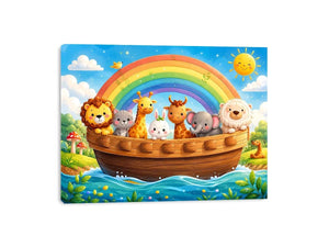 Cute rainbow animal ark nursery wall art for kids bedroom, playroom, and pastel nursery decor.