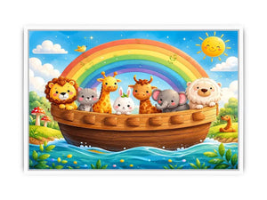 Cute rainbow animal ark nursery wall art for kids bedroom, playroom, and pastel nursery decor.