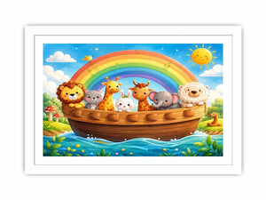 Cute rainbow animal ark nursery wall art for kids bedroom, playroom, and pastel nursery decor.