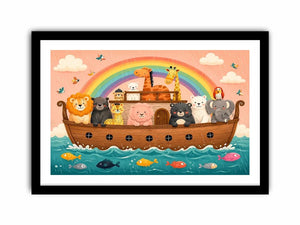 Cute rainbow ark nursery wall art with playful safari animals for kids bedroom and pastel nursery decor.