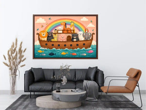 Cute rainbow ark nursery wall art with playful safari animals for kids bedroom and pastel nursery decor.