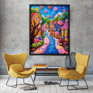 Colorful candyland fantasy village wall art for kids room, playroom, and whimsical nursery decor.