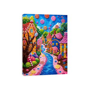 Colorful candyland fantasy village wall art for kids room, playroom, and whimsical nursery decor.