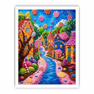 Colorful candyland fantasy village wall art for kids room, playroom, and whimsical nursery decor.