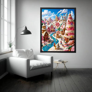 Whimsical candy kingdom wall art with pastel candy houses for kids room and fantasy-inspired decor.