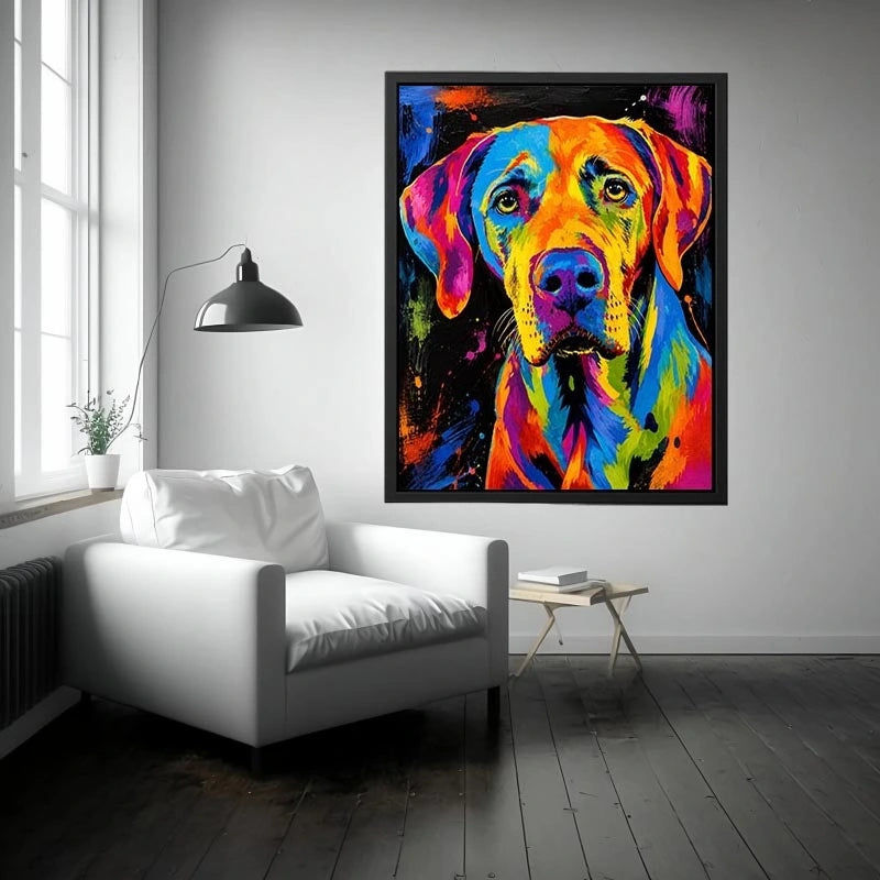 Colorful neon pop art dog portrait wall art for modern living room and creative studio decor.