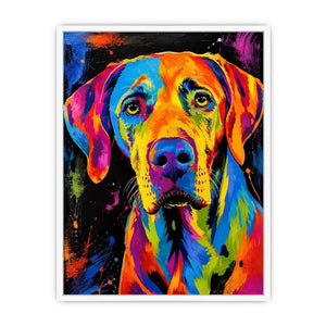Colorful neon pop art dog portrait wall art for modern living room and creative studio decor.