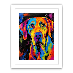Colorful neon pop art dog portrait wall art for modern living room and creative studio decor.
