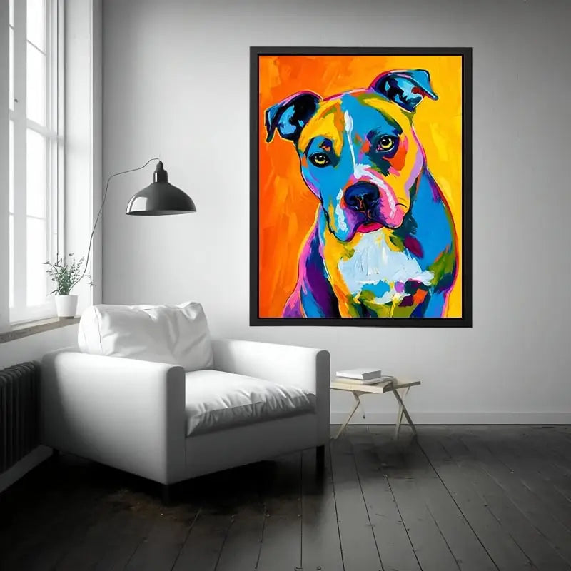 Colorful pop art dog portrait wall art for modern living room and vibrant contemporary interiors.