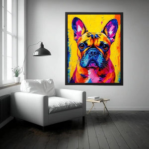 Colorful French Bulldog pop art wall art for modern living room and vibrant contemporary decor.
