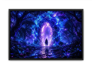 Glowing celestial portal inside a mystical blue forest fantasy artwork