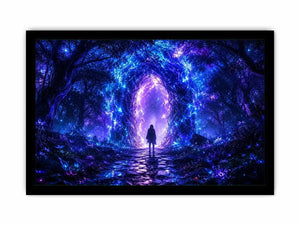 Glowing celestial portal inside a mystical blue forest fantasy artwork