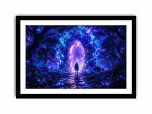 Glowing celestial portal inside a mystical blue forest fantasy artwork
