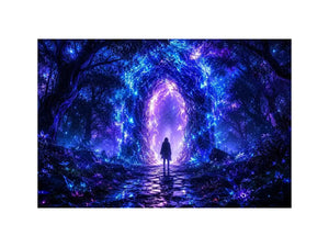 Glowing celestial portal inside a mystical blue forest fantasy artwork
