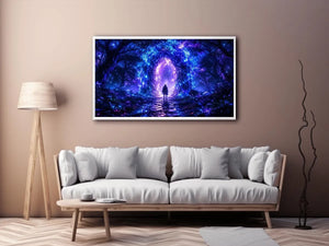 Glowing celestial portal inside a mystical blue forest fantasy artwork