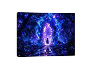 Glowing celestial portal inside a mystical blue forest fantasy artwork
