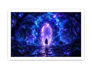 Glowing celestial portal inside a mystical blue forest fantasy artwork