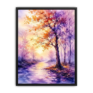 Watercolor autumn pathway with purple and orange trees