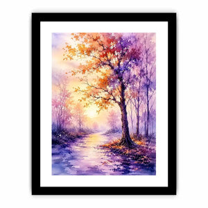 Watercolor autumn pathway with purple and orange trees