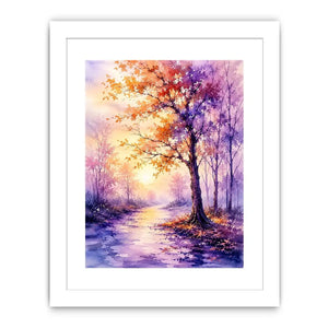 Watercolor autumn pathway with purple and orange trees