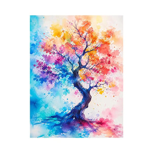 Colorful watercolor tree artwork with vibrant abstract leaves
