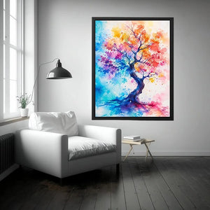 Colorful watercolor tree artwork with vibrant abstract leaves