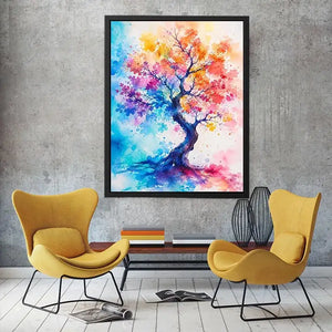 Colorful watercolor tree artwork with vibrant abstract leaves