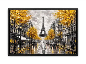 Paris street scene with Eiffel Tower and golden autumn leaves