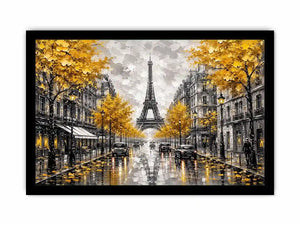 Paris street scene with Eiffel Tower and golden autumn leaves