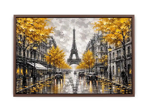 Paris street scene with Eiffel Tower and golden autumn leaves