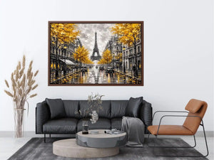 Paris street scene with Eiffel Tower and golden autumn leaves