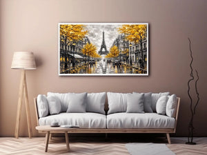 Paris street scene with Eiffel Tower and golden autumn leaves