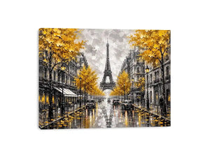 Paris street scene with Eiffel Tower and golden autumn leaves