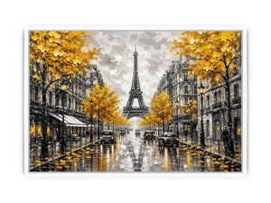 Paris street scene with Eiffel Tower and golden autumn leaves