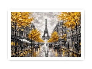 Paris street scene with Eiffel Tower and golden autumn leaves