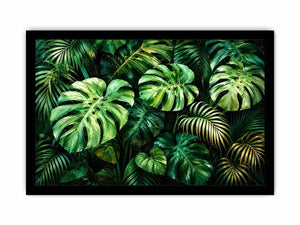 Emerald tropical monstera and palm leaves botanical artwork