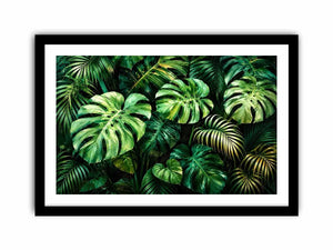 Emerald tropical monstera and palm leaves botanical artwork