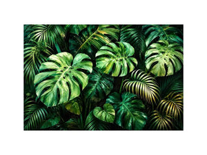 Emerald tropical monstera and palm leaves botanical artwork