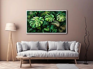 Emerald tropical monstera and palm leaves botanical artwork